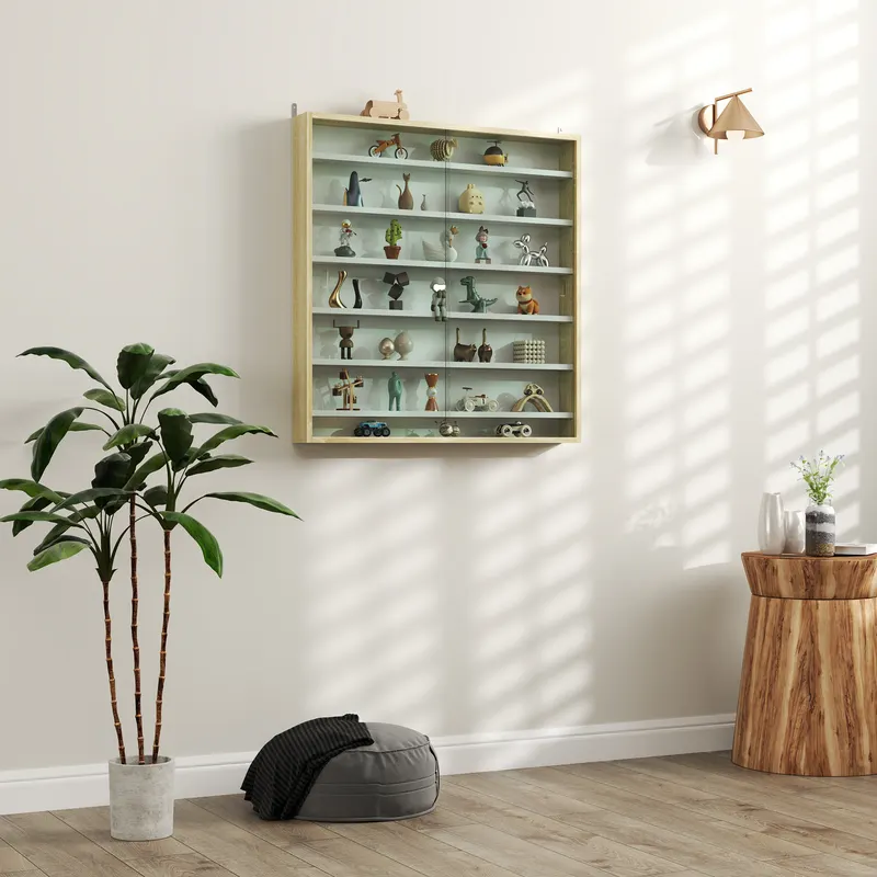 HOMCOM Vitrină pentru colecții vitrină de perete 80 x 9,5 x 83 cm 6 rafturi reglabile pe înălțime 2 uși glisante din sticlă | Romania
