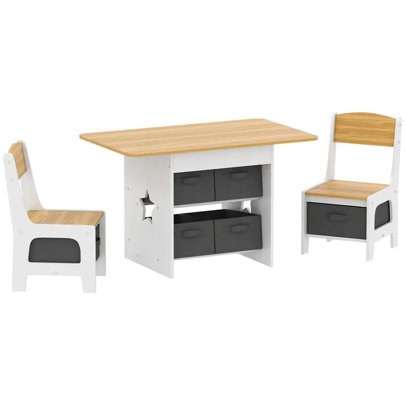AIYAPLAY Masă pentru copii cu 2 scaune și 6 sertare din material textil, design cu stele, pentru copii 3-8 ani, Natural | Romania