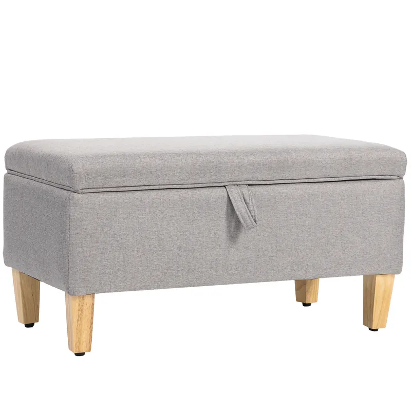 HOMCOM Banc de depozitare, capăt de pat, suport pentru picioare căptușit cu aspect de in cu picioare din lemn de cauciuc, 71x37x36cm, gri deschis | Romania