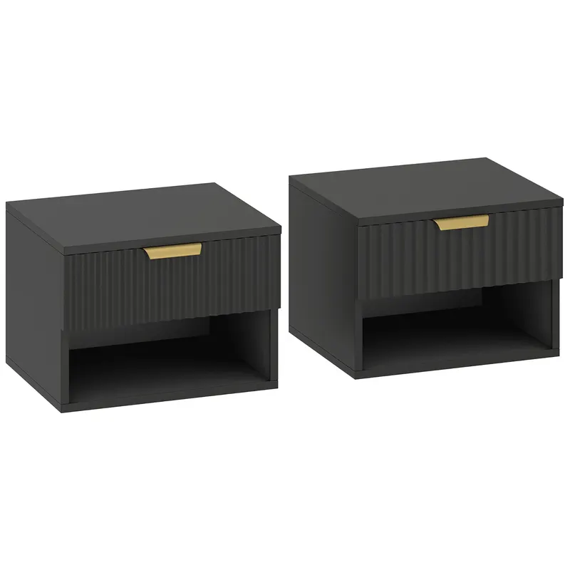 HOMCOM Set de 2 noptiere suspendate, noptiere murale cu sertar și nișă, moderne, 40x34x29cm, negru | Romania