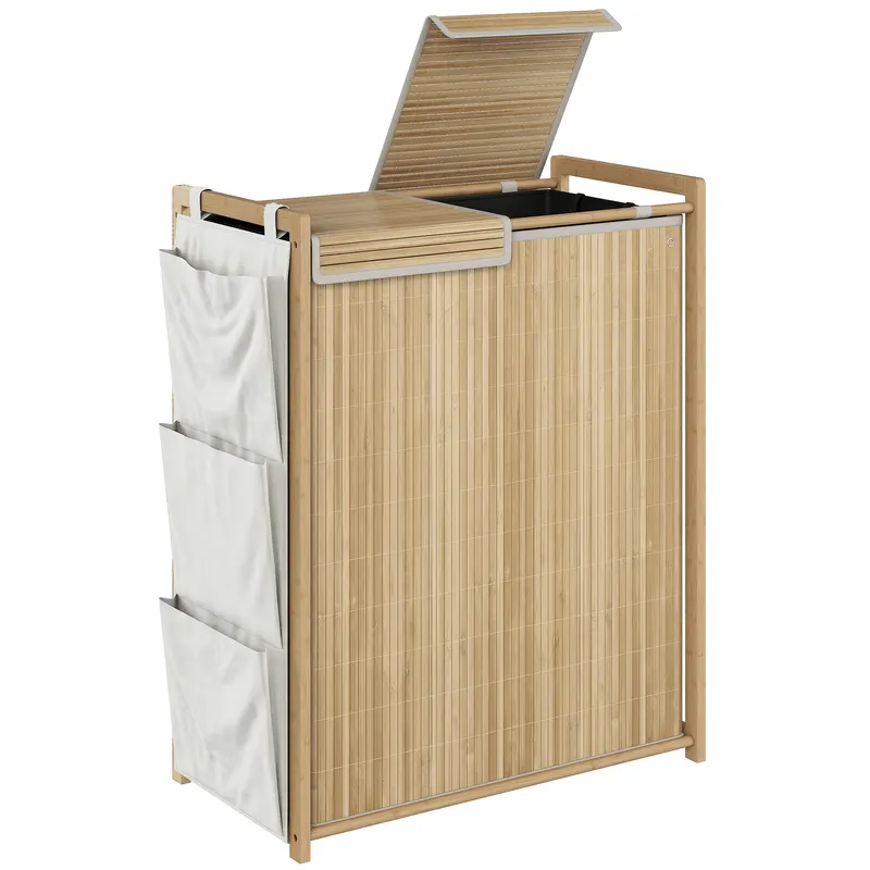 HOMCOM Coș de rufe din bambus cu capac 120 L cu 2 pungi cu șnur detașabile și lavabile buzunare laterale natural | Romania
