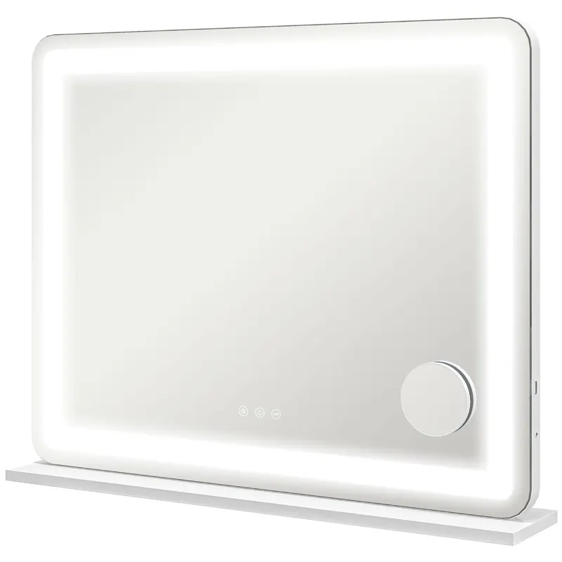 HOMCOM Oglindă de Machiaj cu Lumini LED în 3 Culori, Oglindă de Perete și Masă cu USB, 80x62x14 cm, Alb | Romania