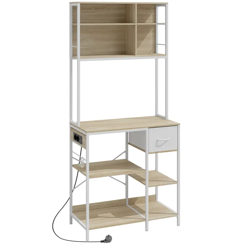 HOMCOM Etajeră de Bucătărie Suport pentru Cuptor cu Microunde cu Rafturi și 6 Cârlige pentru Spații Reduse 80x40x181 cm Stejar | Romania