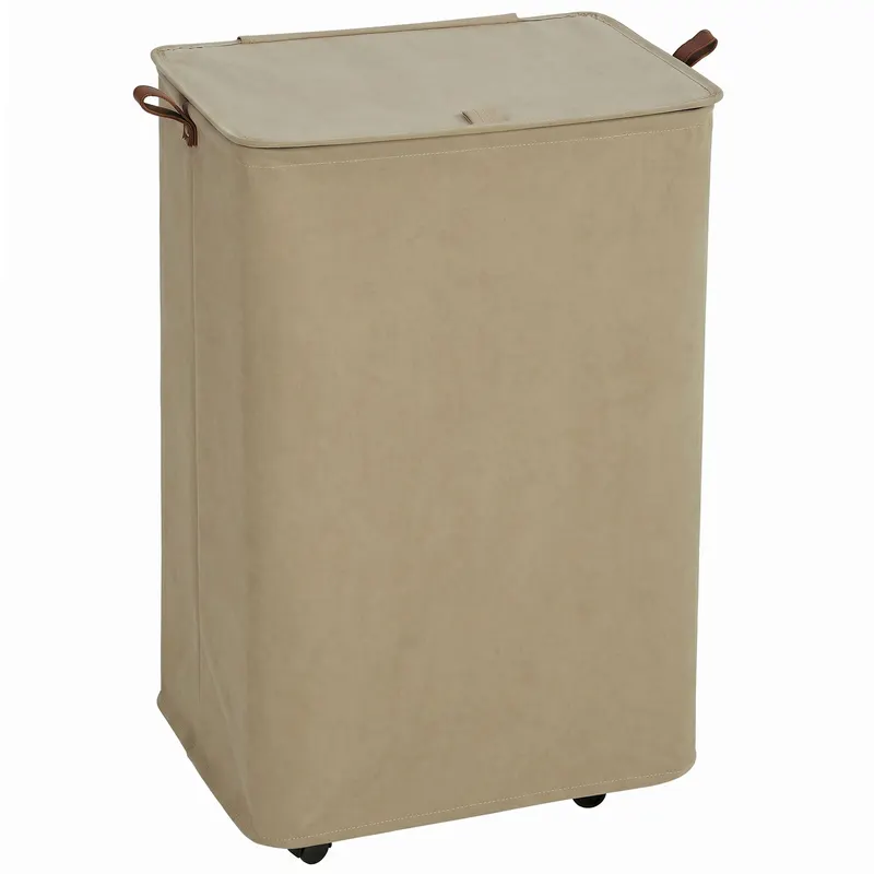 HOMCOM Coș de Rufe cu Capac și Roți 50L Coș pliabil cu Sac cu Cordon Detașabil 40x30x65 cm Camel | Romania