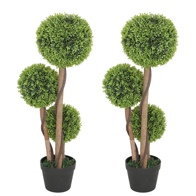 HOMCOM Set 2 Plante de Buxus Artificiale cu 3 Sfere, cu Ghiveci și Bază Întărită, Înălțime 90 cm, pentru Interior și Exterior | Romania