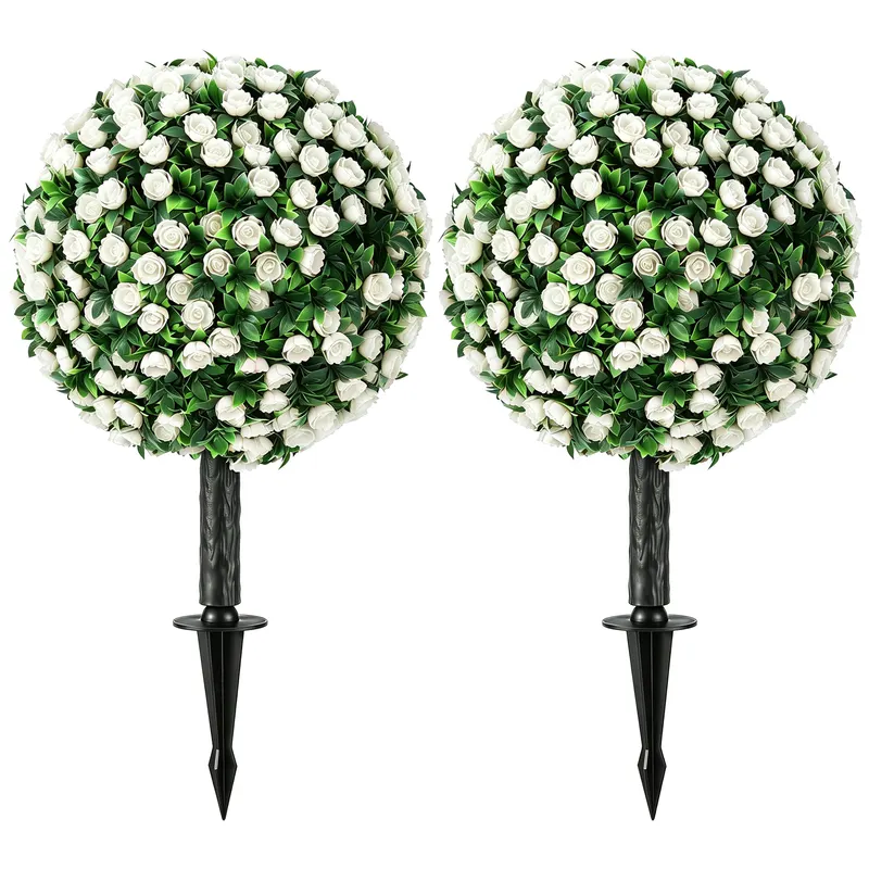 HOMCOM Sfere de trandafiri artificiale rezistente la UV pentru exterior, set de 2 topiary-uri, 55 cm, Alb | Romania