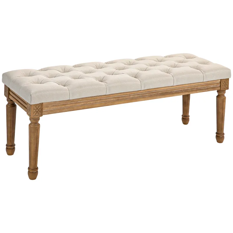 HOMCOM Bancă Tapițată pentru Capătul Patului cu Șezut Matlasat cu Nasturi, din Material Textil și Lemn, 120x41x48cm, Crem | Romania