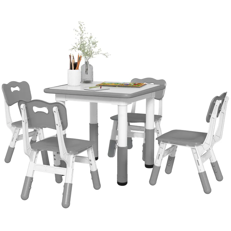 AIYAPLAY Set Masă și Scaune pentru Copii, 5 piese cu 4 Scaune Reglabile 32x36x52.5-56 cm și Masă 60x60x46-58 cm, Gri | Romania