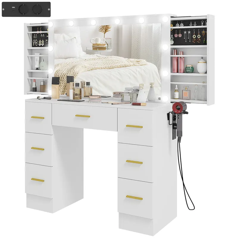 HOMCOM Tocator cu oglinda si 12 lumini LED, Tocatoare cu 7 sertare, 6 rafturi ascunse, PAL, Alb | Romania