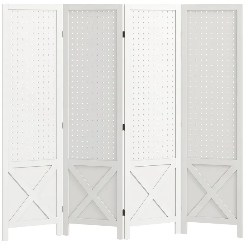 HOMCOM Paravan interior din lemn 4 panouri separator de cameră pliabil panou perforat 152 x 1,7 x 144,5 cm alb | Romania