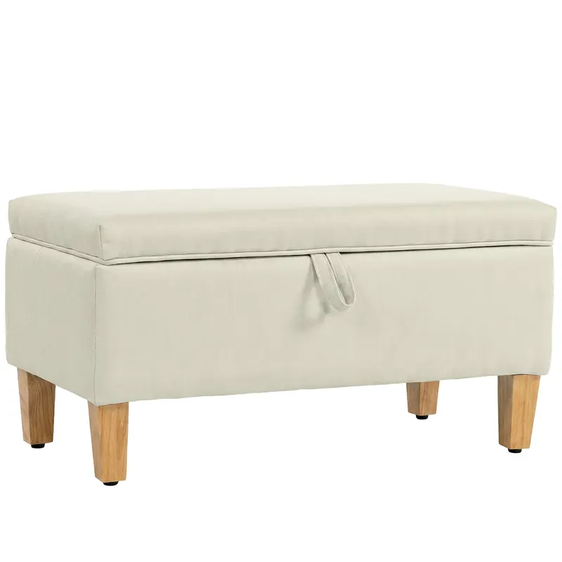 HOMCOM Bancă de depozitare, capăt de pat, taburet tapitat cu aspect de in cu picioare din lemn de cauciuc, 71x37x36cm, bej | Romania