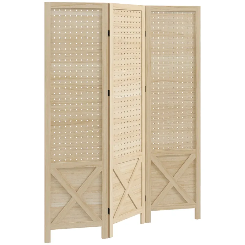 HOMCOM Paravan interior din lemn 3 panouri separator de cameră pliabil panou perforat 114 x 1,7 x 144,5 cm lemn natural | Romania