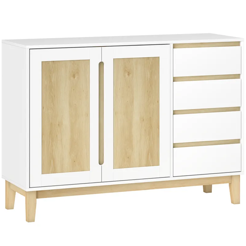 HOMCOM Bufet, mobilier de depozitare cu 2 uși și 4 sertare, raft reglabil, 120 x 40 x 86 cm, alb și stejar | Romania