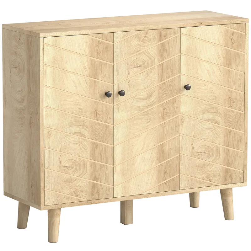 HOMCOM Bufet bucătărie, mobilier de depozitare cu 3 uși cu model Chevron și picioare din lemn de pin, 88,3x30x76cm, lemn natural | Romania