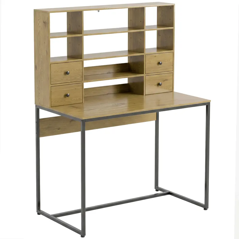 HOMCOM Birou pentru computer cu 4 sertare, 105 x 60 cm, birou cu depozitare, rafturi deschise, 105 x 60 cm, lemn natural | Romania