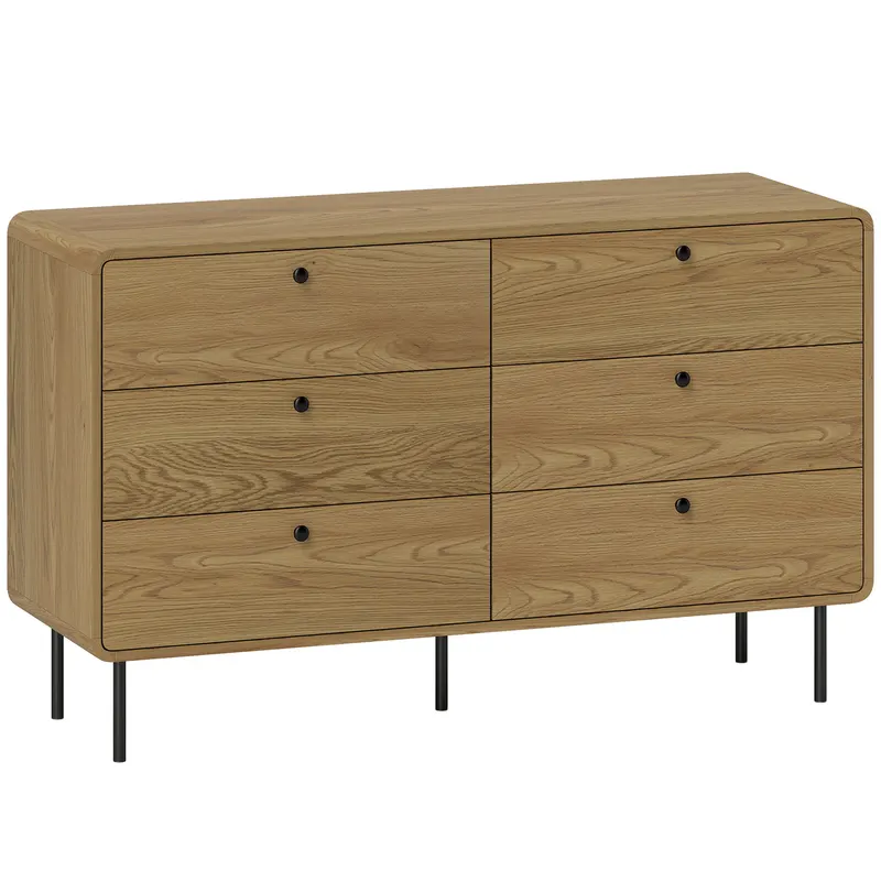 HOMCOM Comodă 6 sertare mobilier de depozitare stil modern colțuri rotunjite și picioare din oțel 120 x 40 x 75cm efect lemn de stejar | Romania