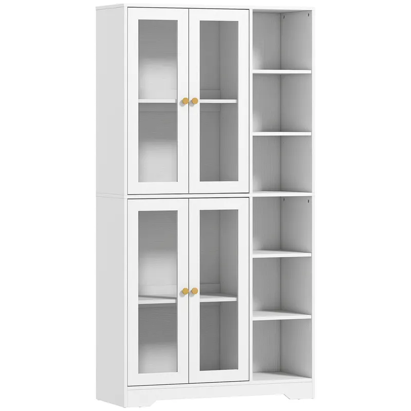 HOMCOM Bufet înalt pentru bucătărie, vitrină bufet cu 4 uși cu închidere silențioasă din sticlă securizată, 90x35x172cm, alb | Romania
