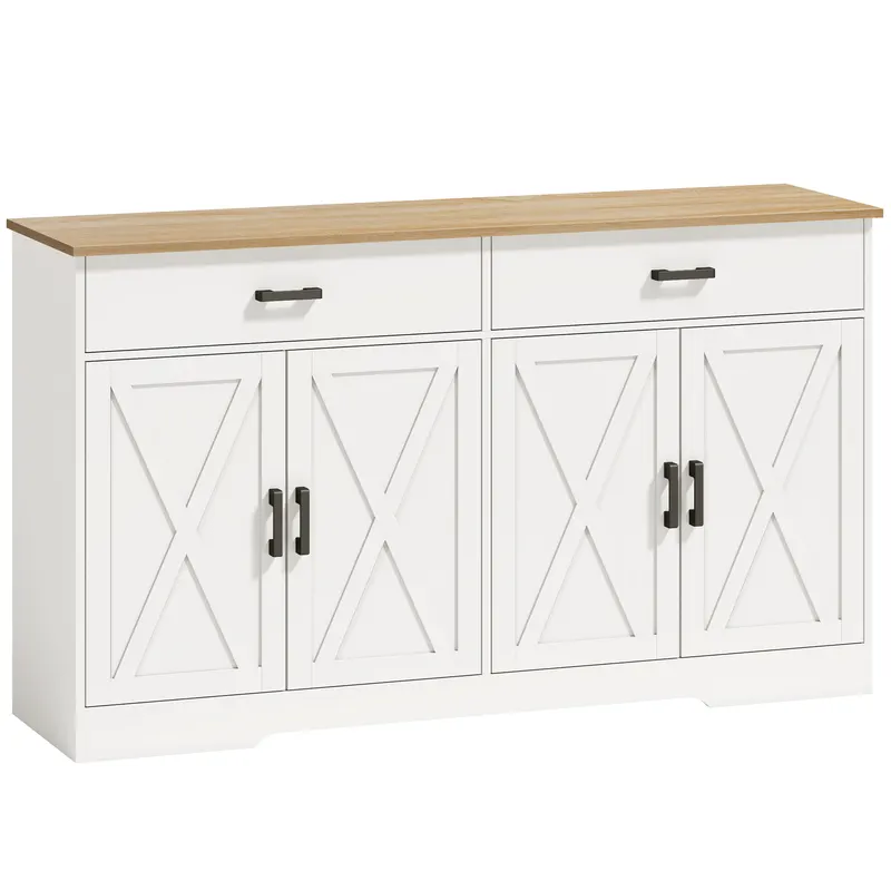 HOMCOM Bufet, dulap buffet 140 cm stil fermă pentru bucătărie cu 2 sertare și 2 dulapuri, Alb | Romania
