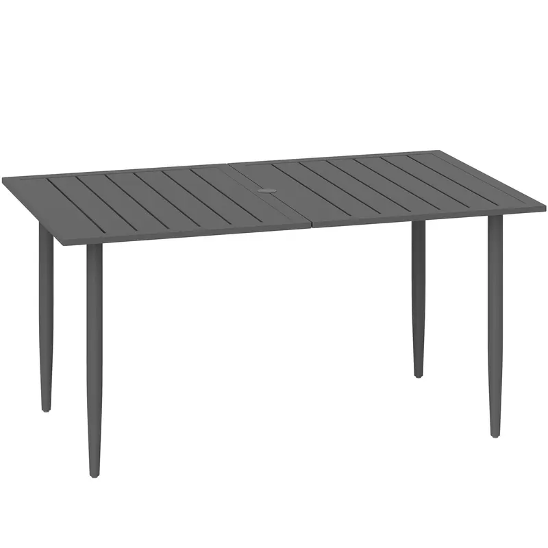 Outsunny Masă de Grădină Dreptunghiulară 150x90x73 cm, Masă de Dining pentru 6 Persoane cu Design cu Lamele și Gaură pentru Umbrelă din Oțel, Pentru Terasă, Balcon și Exterior, Negru | Romania