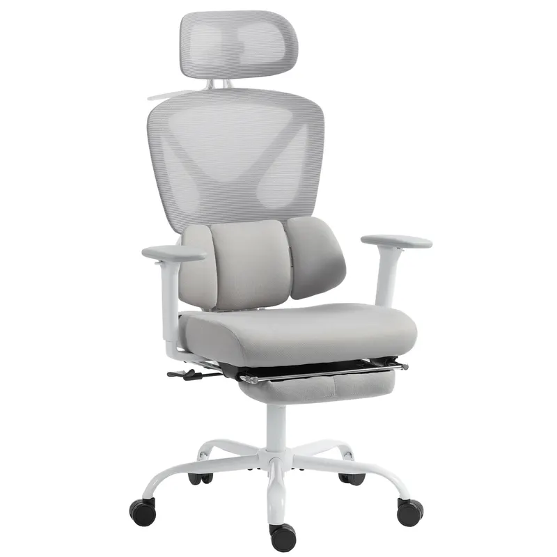 HOMCOM Scaun de birou ergonomic, fotoliu de birou cu suport lombar dinamic adaptiv, 73x75x120-128cm, gri | Romania