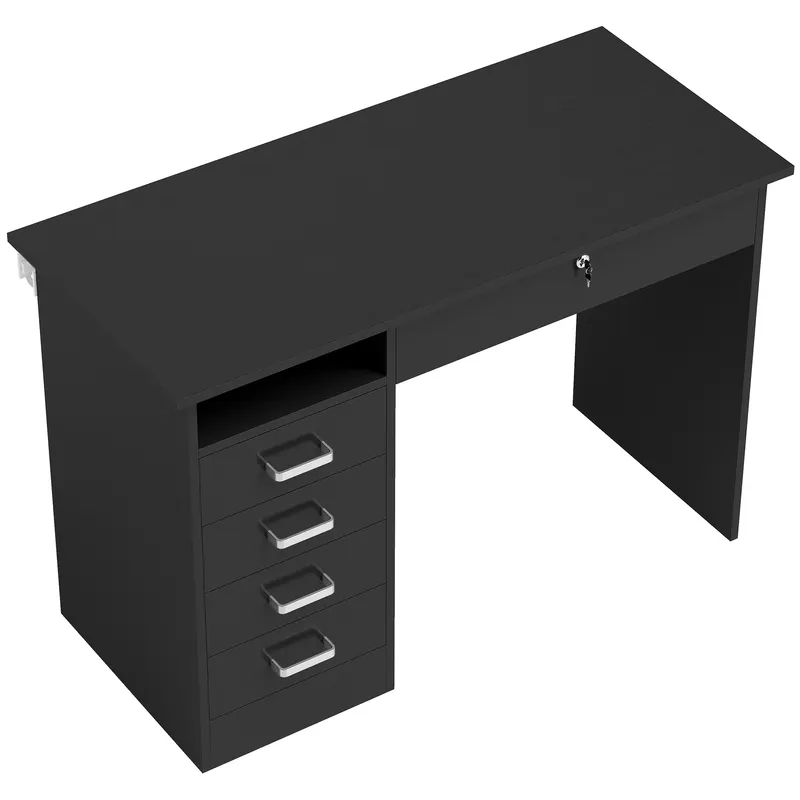 HOMCOM Birou modern cu 5 sertare, blat mare, 1 compartiment deschis, sertar închis cu cheie, 110 x 50 x 76cm, negru | Romania