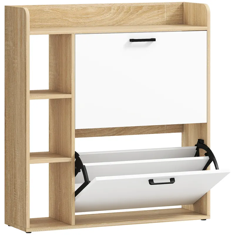 HOMCOM Dulap Slim pentru Pantofi cu 2 Sertare Rabatabile și 3 Compartimente, Capacitate 15 Perechi, 83x24x90,5 cm, Lemn și Alb | Romania