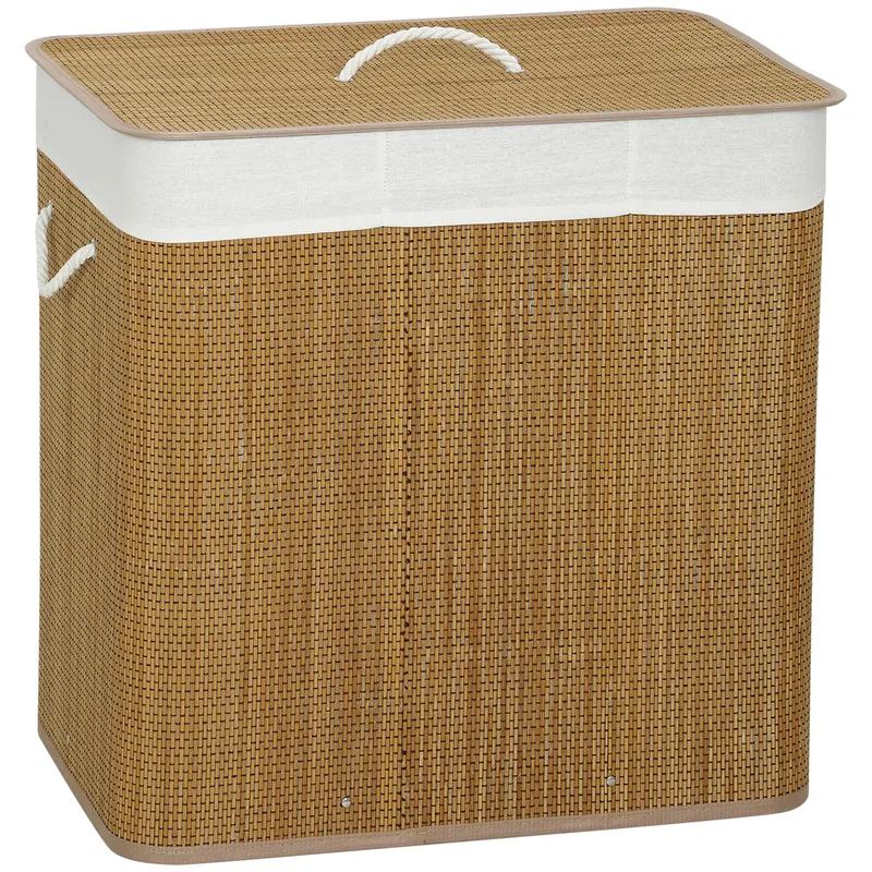 HOMCOM Coș pentru Rufe din Bambus cu Capac, 144L, 3 Compartimente, Sac Detașabil și Lavabil, Mânere, Maro | Romania