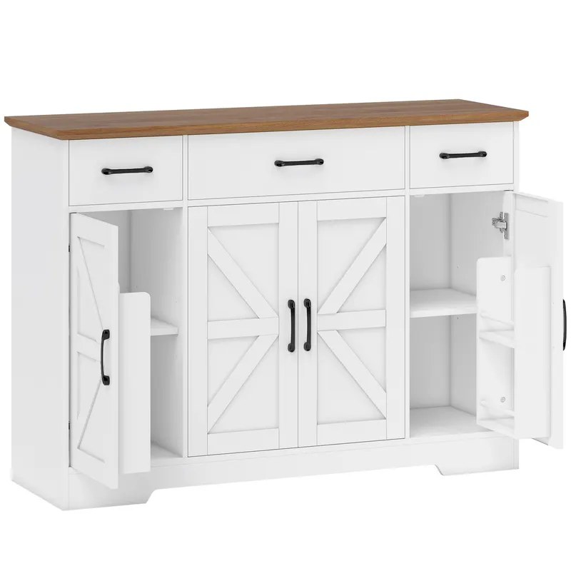 HOMCOM Bufet Bucătărie Rustic, Bufet cu Uși Soft-Close, 3 Sertare, 3 Rafturi Reglabile, Portaspecii, PAL, MDF, Alb | Romania