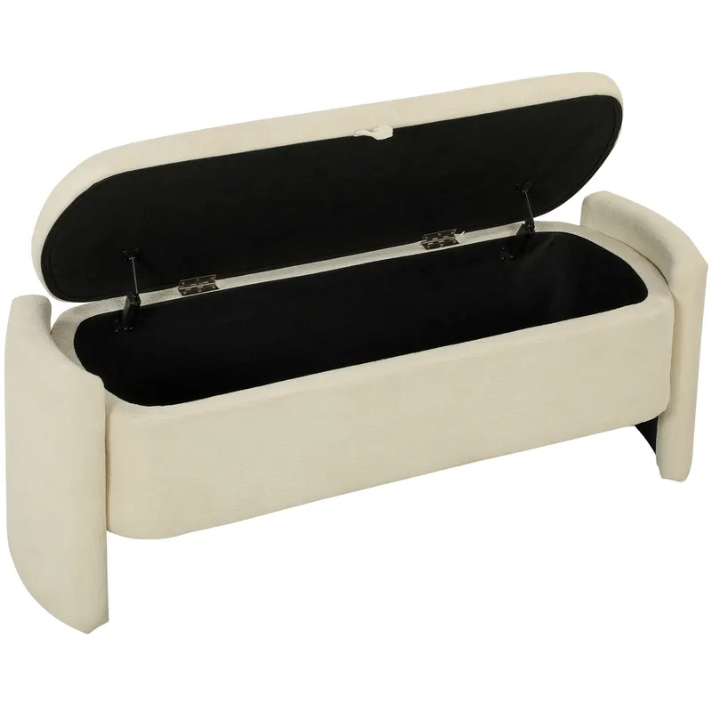 HOMCOM Bancă capăt de pat, 118x42x45cm, banc de depozitare tapițat în material bouclé, picioare din lemn de eucalipt, Crem | Romania
