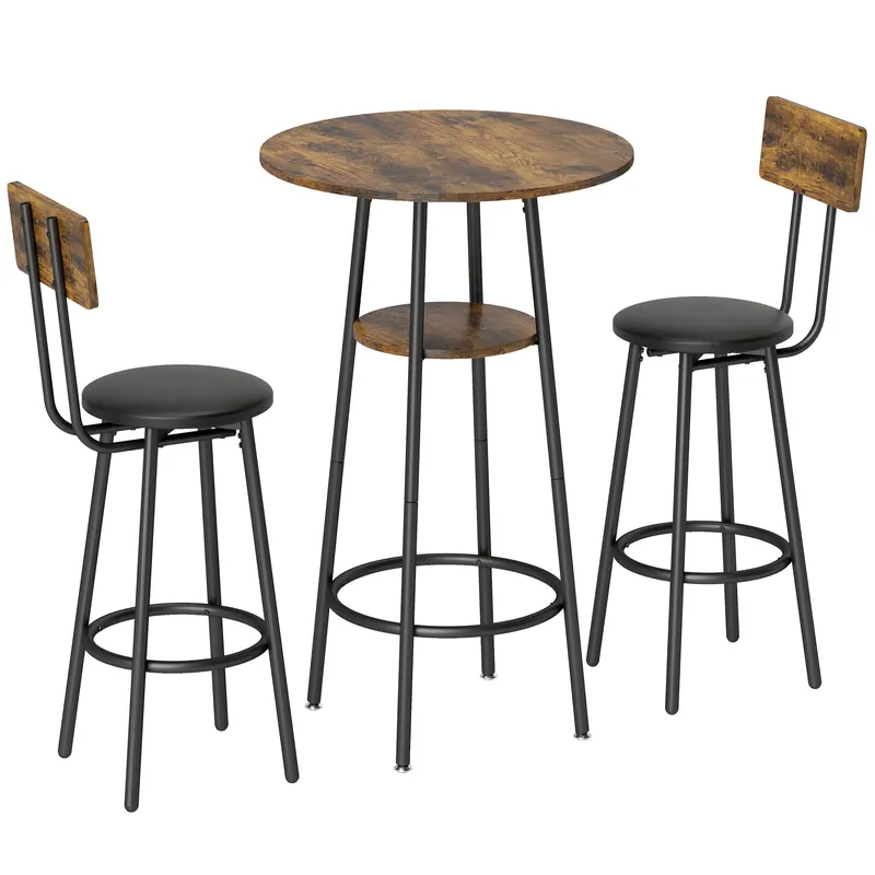 HOMCOM Set masă înaltă industrial cu 2 taburete tapițate, suporturi pentru picioare, cadru metalic, masă de bucătărie cu raft, Maro rustic | Romania