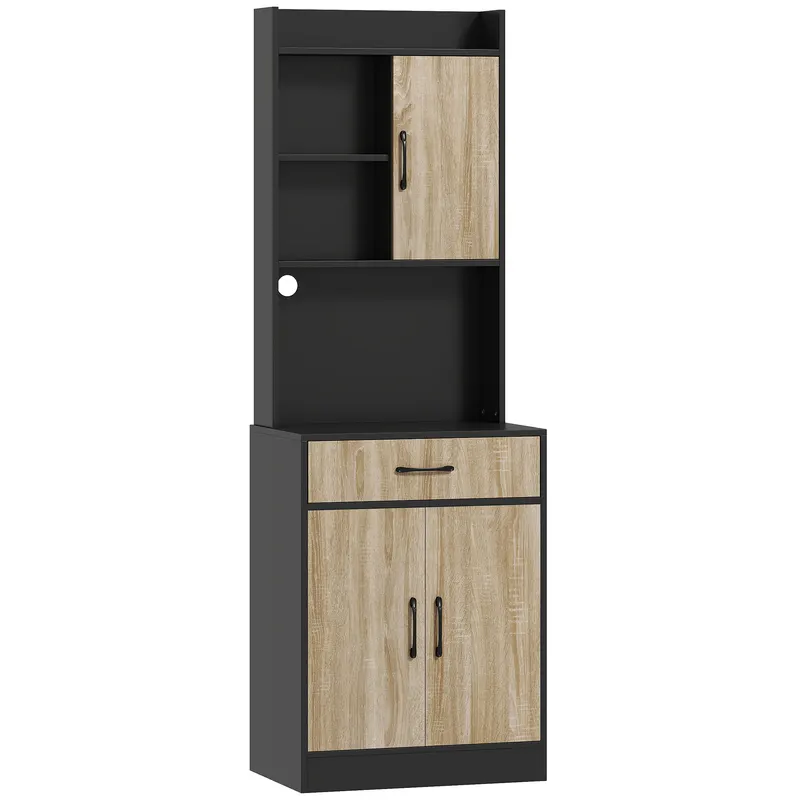 HOMCOM Dulap de bucătărie cu blat de lucru și orificiu pentru cablu, comodă modernă pentru bucătărie cu sertar, 3 rafturi deschise, lemn natural, Negru | Romania