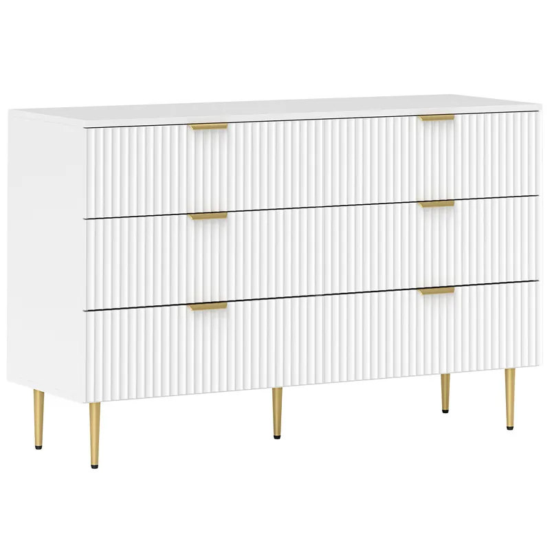HOMCOM Comodă 6 sertare comodă cameră mobilier de depozitare modernă cu mânere și picioare aurii, 120 x 40 x 76,5 cm, alb | Romania