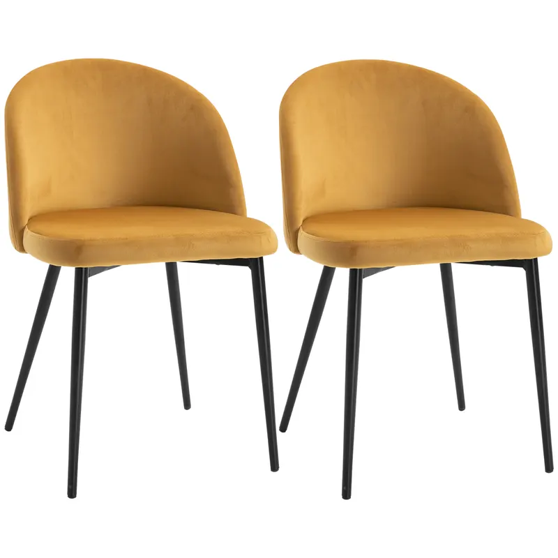 HOMCOM Set 2 Scaune Elegante pentru Sufragerie și Bucătărie Tapitate cu Catifea Galbenă Design Confortabil 49x50x77 cm | Romania
