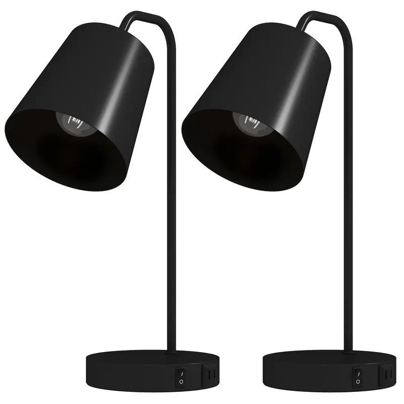 HOMCOM Set lămpi de masă, 2 buc., lămpi moderne cu port USB-A și USB-C pentru dormitor, living & birou, negru | Romania
