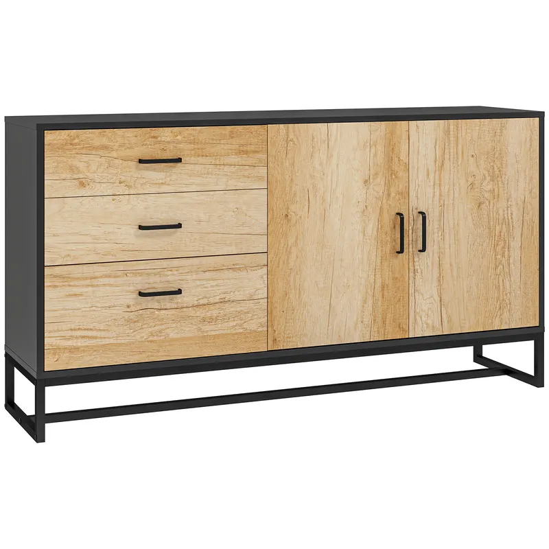 HOMCOM Bufet de Bucătărie cu 3 Sertare și un Dulăpior cu 2 Uși cu Închidere Lină, 140x35x75 cm, Lemn Natural | Romania