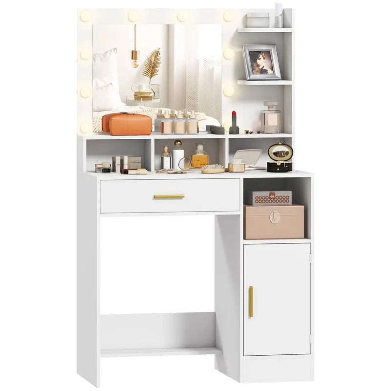 HOMCOM Coafură cu oglindă și 10 lumini LED, luminozitate reglabilă, sertar, dulap și rafturi deschise, 80x40x135cm, alb | Romania