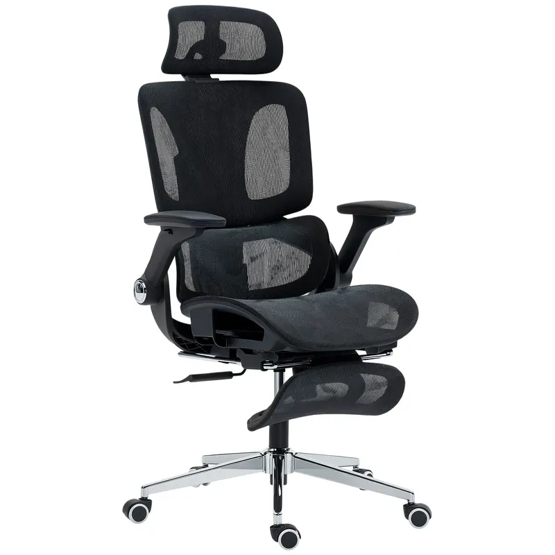 HOMCOM Scaun birou ergonomic cu accotoare 4D, tetieră și adâncime a șezutului reglabile, plasă, negru | Romania