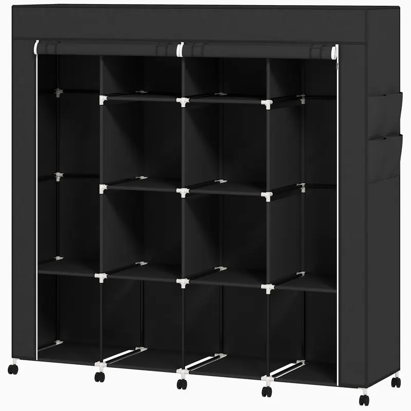 HOMCOM Dulap textil pentru haine, mobilier mobil 10 roți cu 10 compartimente, bare de suspendare, negru | Romania
