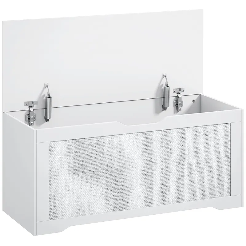 HOMCOM Cufăr de depozitare 108 L Bancă de depozitare cu panou din ratán Capac Brațe de susținere pentru hol 80x40x45cm Alb | Romania