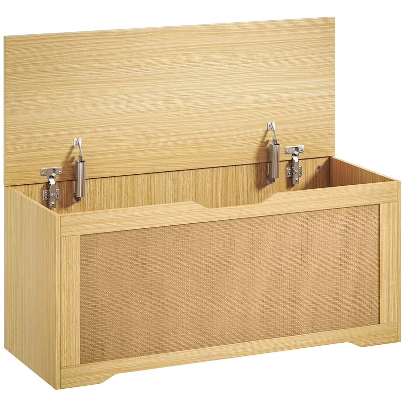 HOMCOM Cufăr de depozitare 108L Bancă de depozitare cu panou din ratan Capac Brațe de susținere pentru hol 80x40x45cm Stejar | Romania