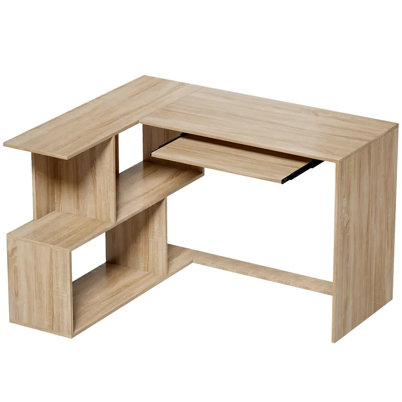 HOMCOM Birou de colț, 120 x 100 x 76 cm, Birou computer în L cu suport pentru tastatură, 4 compartimente deschise, natural | Romania