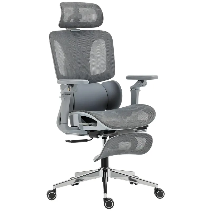 HOMCOM Scaun de birou ergonomic cu cotiere 6D, tetieră și adâncimea șezutului reglabile, plasă, gri | Romania