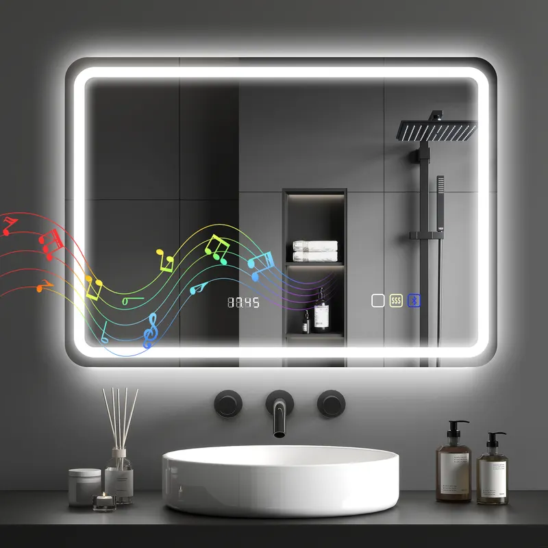 HOMCOM Oglindă de Baie cu LED 70x50 cm cu Bluetooth 3 Culori de Lumină Ceas Digital Funcție Antighear Funcție de Memorie | Romania