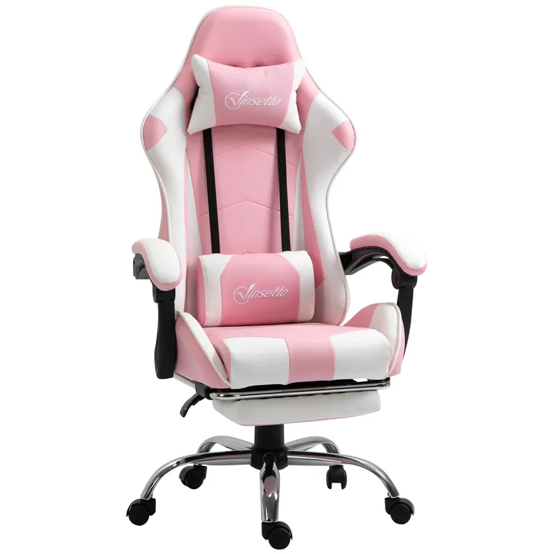 Vinsetto Scaun Gaming Ergonomic Reclinabil cu Tetieră, Pernă Lombară, Înălțime Reglabilă, Roz și Alb | Romania