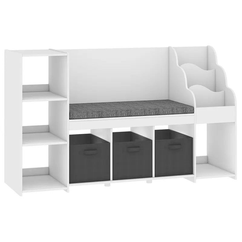AIYAPLAY Raft Depozitare Jucării Copii 3-8 Ani cu Bibliotecă pe 3 Niveluri, 3 Sertare, 4 Compartimente, Pernă, Alb | Romania