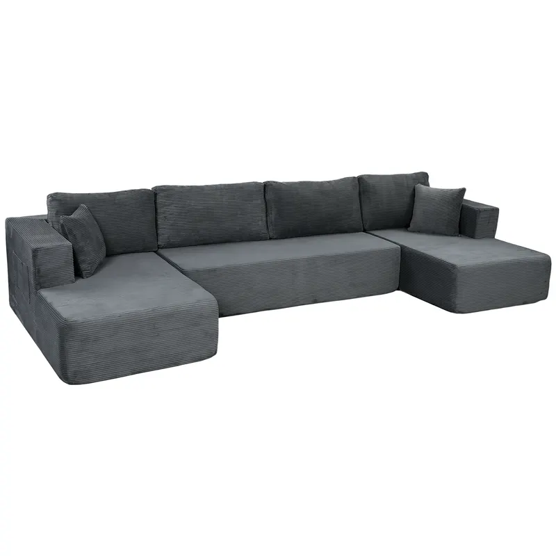 HOMCOM Canapea modulară în U 4 locuri, 2 meridiene, canapea 2 locuri, 6 perne, fără montaj, 369 x 152 x 78 cm, gri | Romania