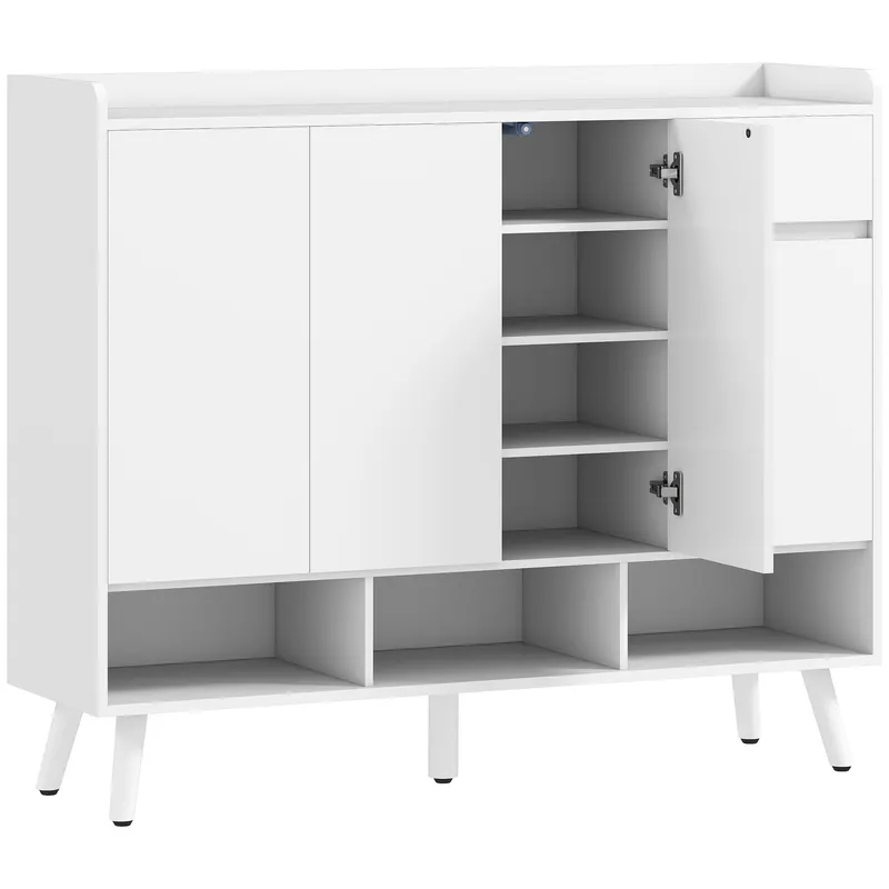 HOMCOM Pantofar Hol cu 4 Uși Push-to-Open, Rafturi Reglabile, MDF și Lemn Pin, 120x35x100 cm, Alb | Romania