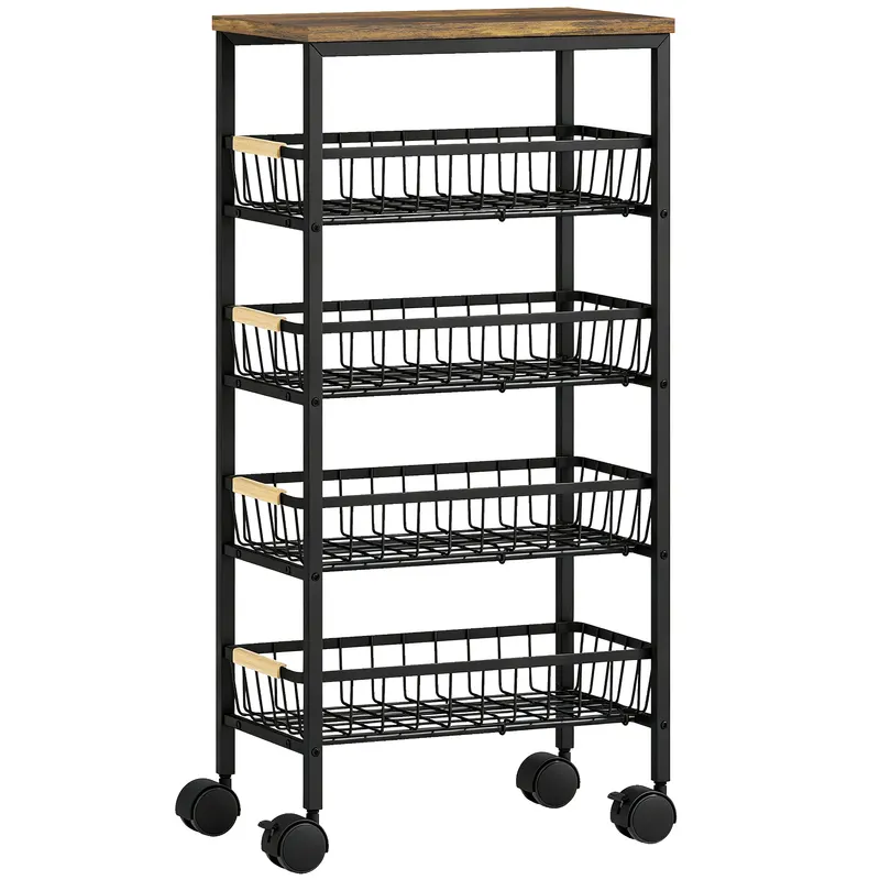 HOMCOM Carrito Auxiliar con Ruedas 4 Cestas Extraíbles Carga 15 kg Marco Metálico para Comedor 40x24x81,5 cm Marrón Rústico | Romania