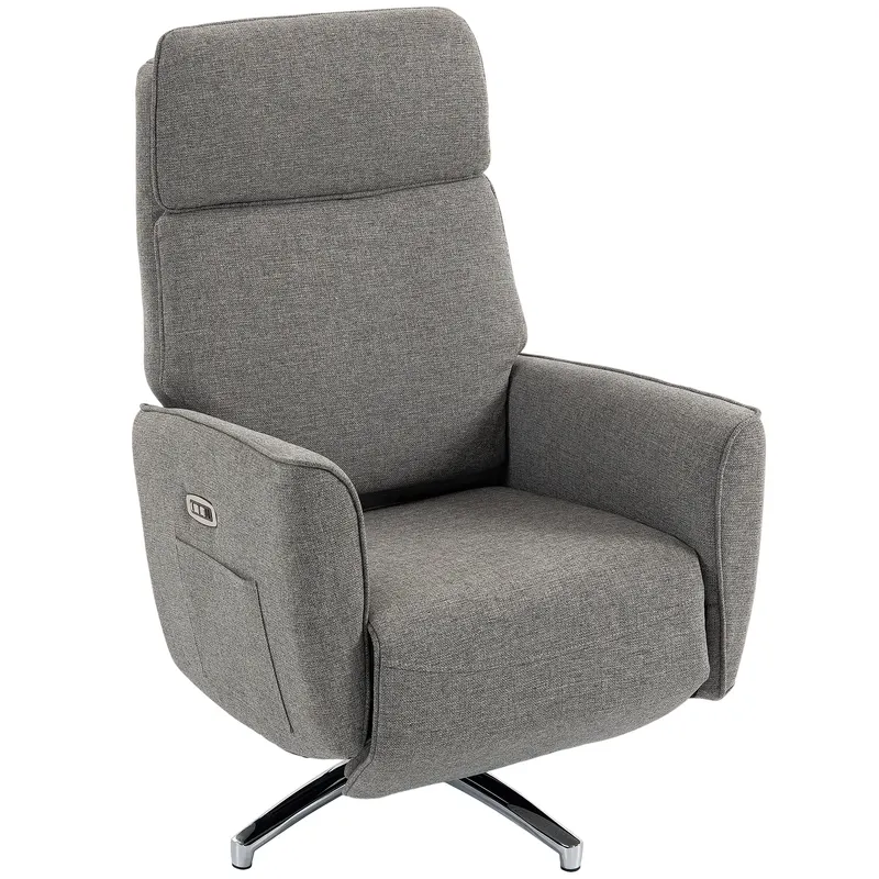 HOMCOM Fotoliu Relax Electric Rotativ 360°, Fotoliu Rabatabil cu Tetieră Reglabilă, Porturi USB, Țesătură Aspect In, Gri | Romania
