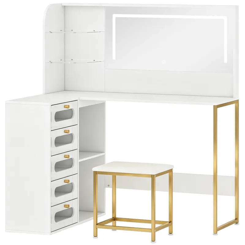 HOMCOM Masă de machiaj cu oglindă, lumini LED, taburet, 5 sertare, 2 compartimente și 2 rafturi din sticlă, alb | Romania